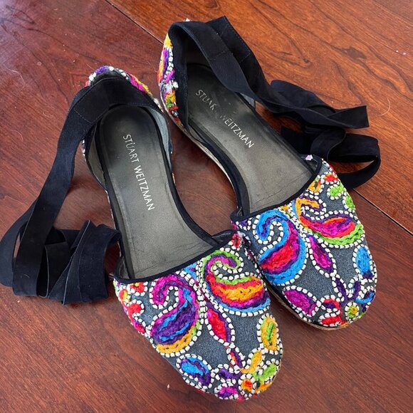 Stuart Weitzman Embroidered Denim Espadrille Flats With Black Ribbon Tie- Sz. 9. - Picture 1 of 13